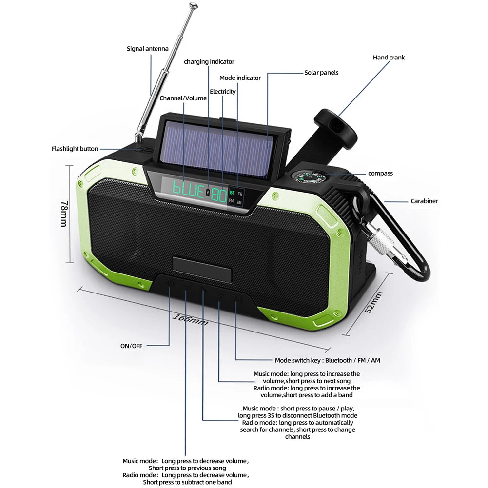 Solar-Powered Hand Crank Emergency Radio with LED Flashlight, Power Bank, Bluetooth 5.0 Speaker - AM/FM Radio and Phone Charger