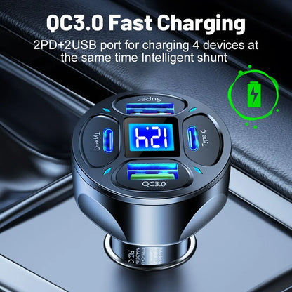 66W 4 Ports USB Car Charger - Fast Charging PD & Quick Charge 3.0 Adapter for iPhone 13, 12, Xiaomi, Samsung