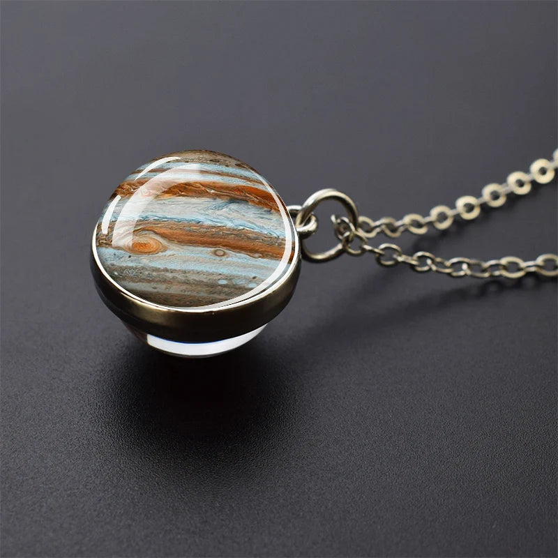 Solar System Universe Space Necklace - Two-Sided Glass Ball Pendant with Moon, Sun, Earth and Planets, Nebula Jewelry for Women and Men