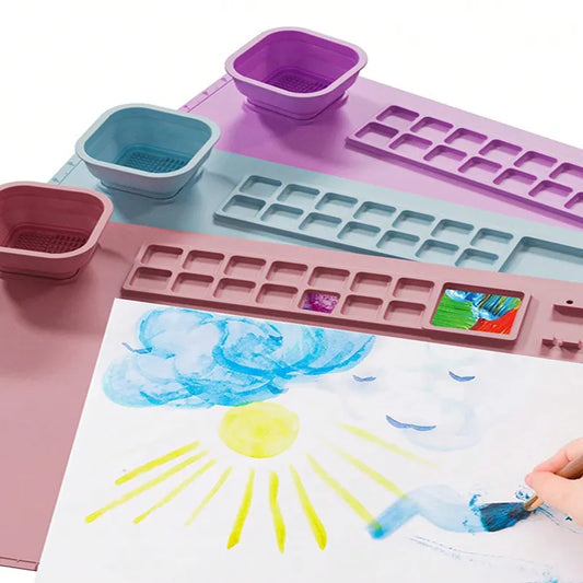 Creative Mess-Free Fun: Bview 1PC Washable Silicone Craft Graffiti Painting Mat - Children's DIY Painting Pad with Scrubbable Pigment Palette