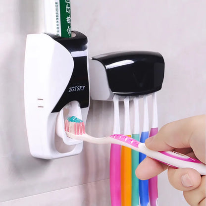 2-Piece Automatic Toothpaste Dispenser and Toothbrush Holder Set - Wall-Mounted, Dust-Proof Bathroom Accessory with Squeezer Function