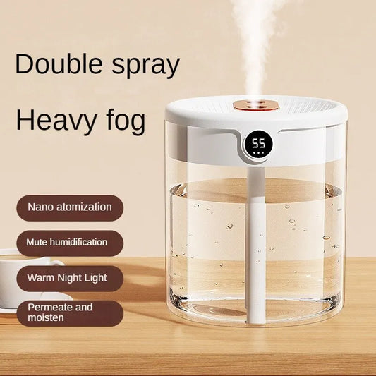 2L Double Spray Humidifier – USB Large Capacity Home & Office – Mute Bedroom Humidifier with Night Light & Digital Display