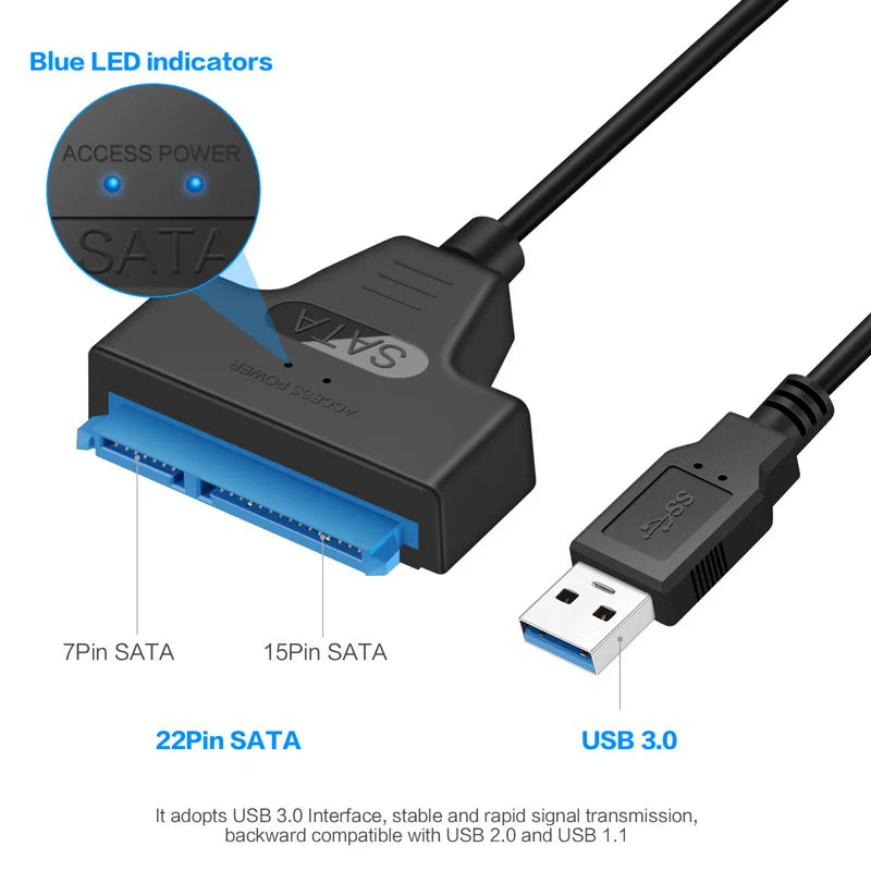 SATA to USB 3.0/2.0 Cable Adapter – 6 Gbps Transfer Speed for 2.5 Inch HDD/SSD – SATA 3 22 Pin to USB 3.0 Cord