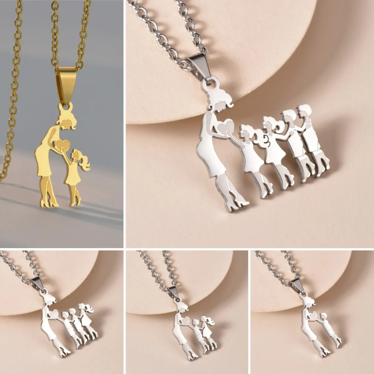 Family Stainless Steel Necklace Set: Mothers and Children Silver Color Pendant Jewelry - Perfect Mother's Day Gift