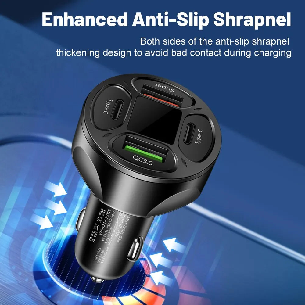 66W 4 Ports USB Car Charger - Fast Charging PD & Quick Charge 3.0 Adapter for iPhone 13, 12, Xiaomi, Samsung