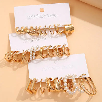 18Pcs Women's Earrings Set: C-Shaped Geometric Fake-Pearl Metal Earrings, Gold-Color Atmospheric Queuing Alloy