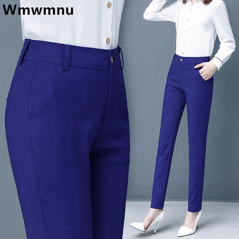 Slim High Waist Elastic Pencil Pants - Skinny Ankle-Length Trousers for Women up to 75kg, Casual Spring 2024 Office Wear