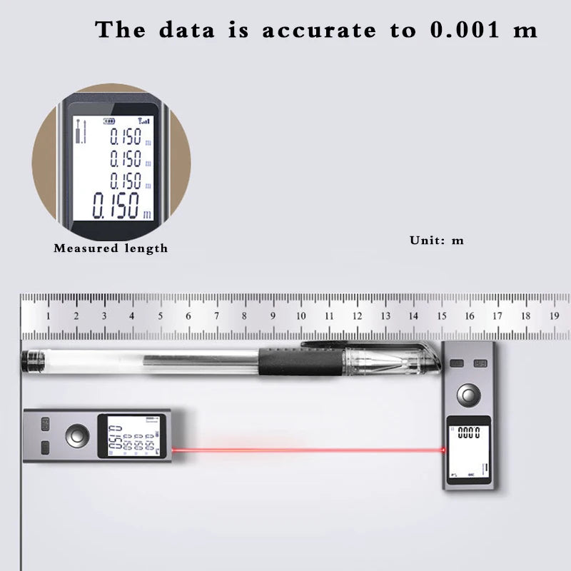 Mini Laser Rangefinder Tape Measure – Digital Laser Ruler, USB Rechargeable, Aluminum Alloy, Measures up to 30m/50m