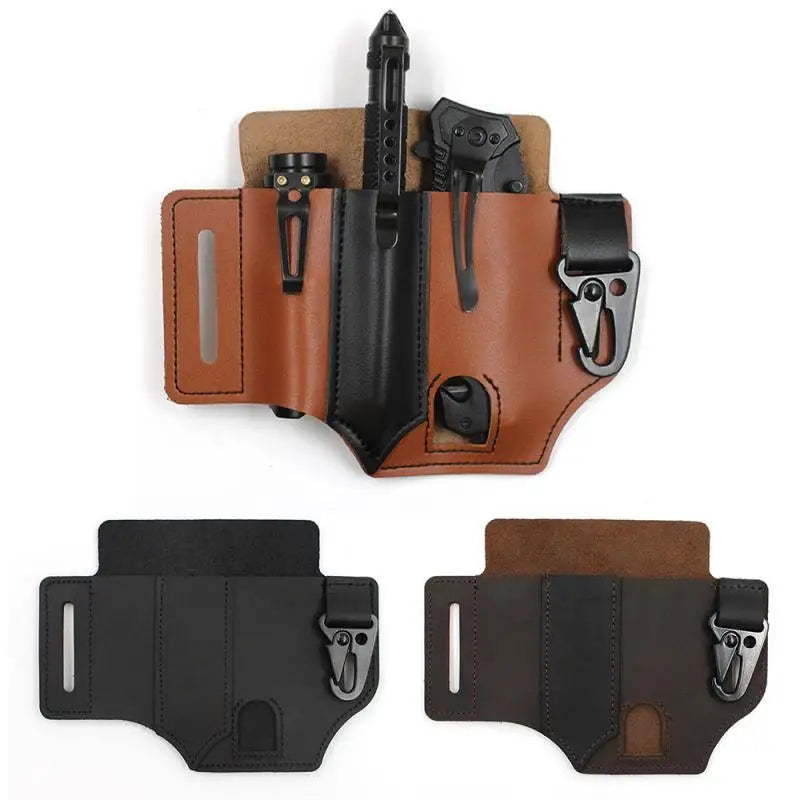 EDC Outdoor Leather Tool Knife Sheath – Pockets Multitools Holder, Essentials Organizer, Belt Pouch for Tactical and Flashlight