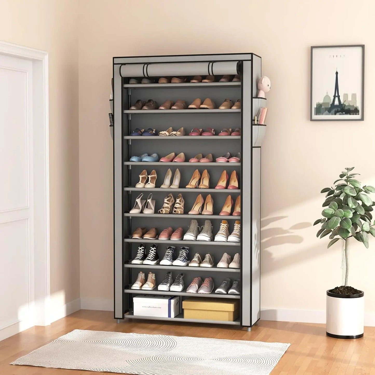 Stackable 10-Tier Shoe Rack with Covers - Tall Shelf Storage for 50-55 Pairs of Shoes and Boots, Large Capacity Vertical Rack