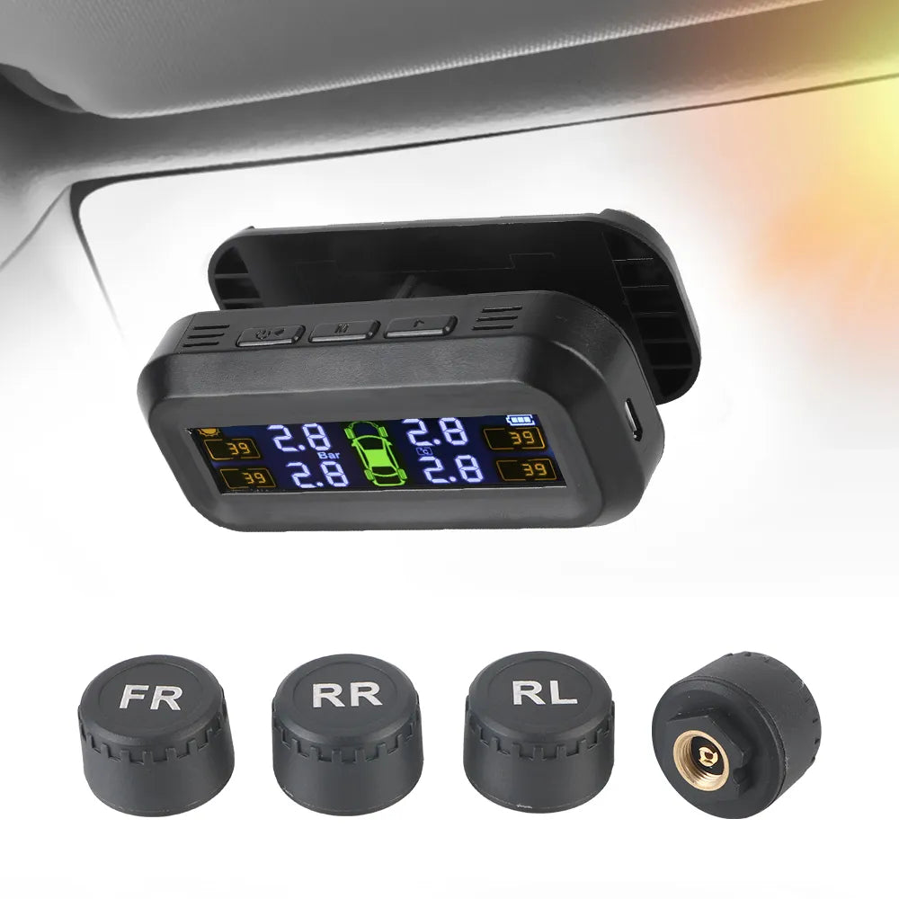 Digital Tire Pressure Monitoring System - Solar TPMS with 4 External Sensors and Temperature Warning - Car Tyre Pressure Monitor Manometer