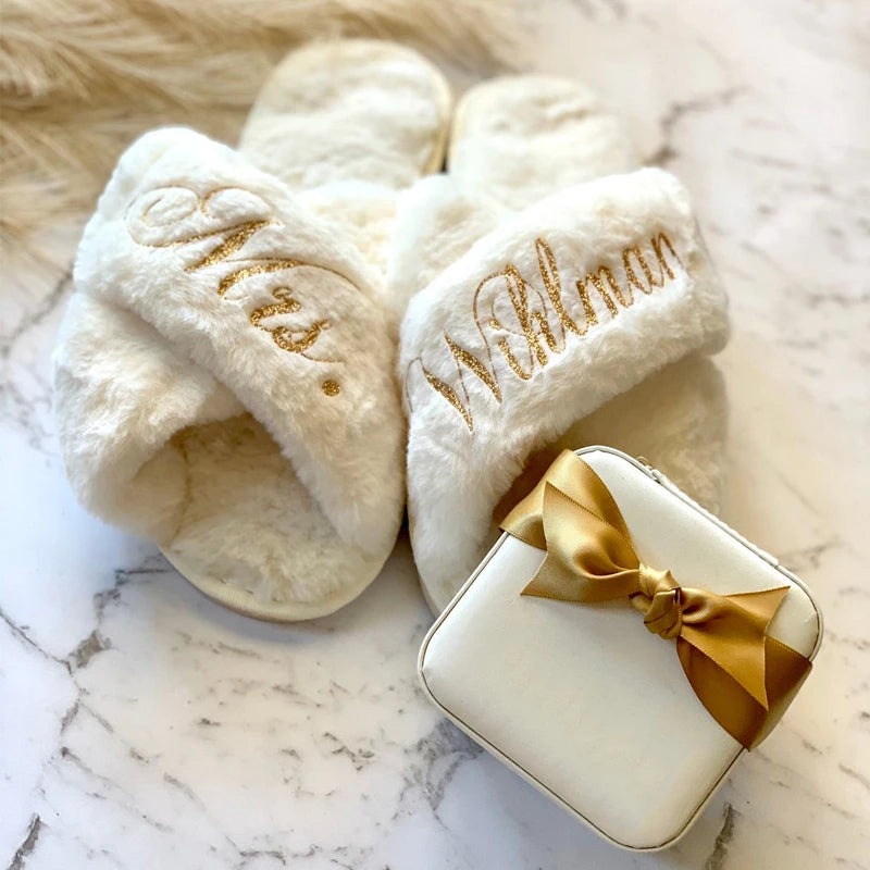 Customized Fluffy Faux Fur Cross Slippers - Personalized Bridesmaid Gifts for Bridal Showers, Weddings, and Bachelorette Parties