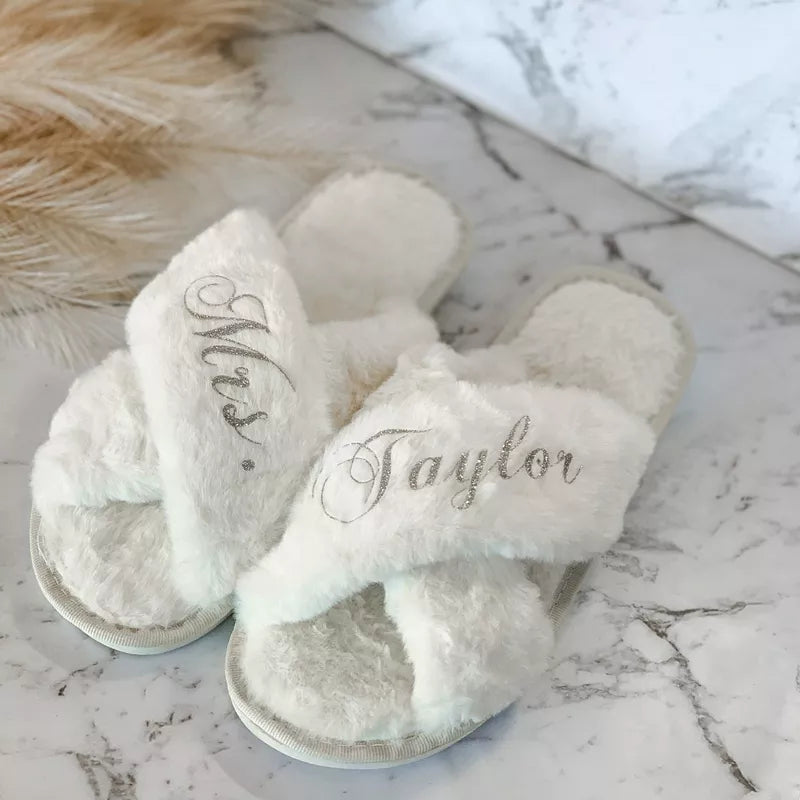 Customized Fluffy Faux Fur Cross Slippers - Personalized Bridesmaid Gifts for Bridal Showers, Weddings, and Bachelorette Parties