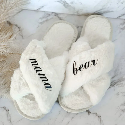 Customized Fluffy Faux Fur Cross Slippers - Personalized Bridesmaid Gifts for Bridal Showers, Weddings, and Bachelorette Parties