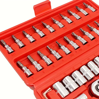 46-Piece 1/4 Inch Drive Socket Ratchet Wrench Set with Bit Sockets and Extension Bar – Includes Storage Case for Auto Repair and Household Use