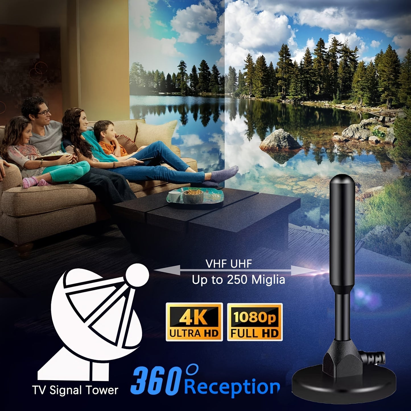 2024 Upgraded Indoor HDTV Antenna - 360° Long Range, Strong Magnetic Base, 4K 1080P UHF VHF, USB Powered - No Battery Required