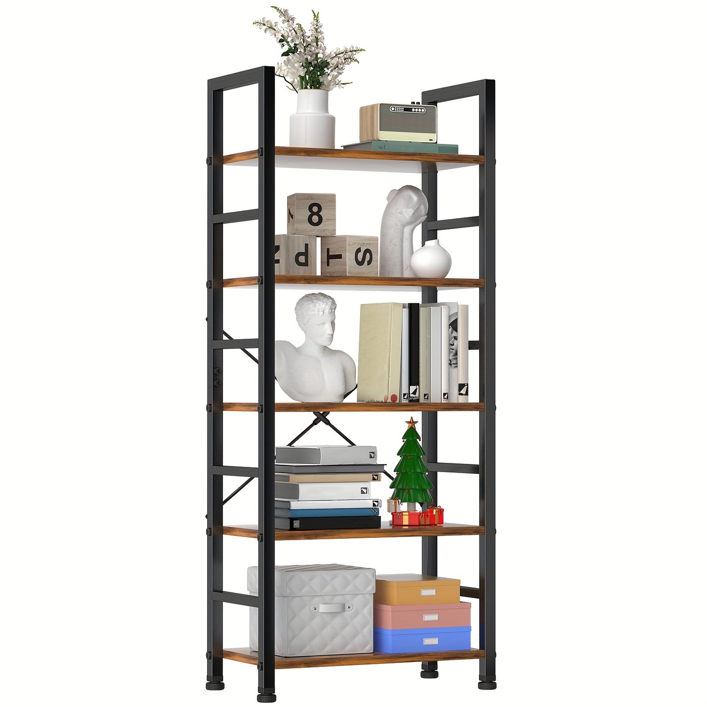 5-Tier Book Shelf – Tall, Modern Bookcase for Books, CDs, Movies – Metal Frame, Adjustable Feet – Industrial Corner Storage Organizer for Bedroom, Home Office, Kitchen, Living Room