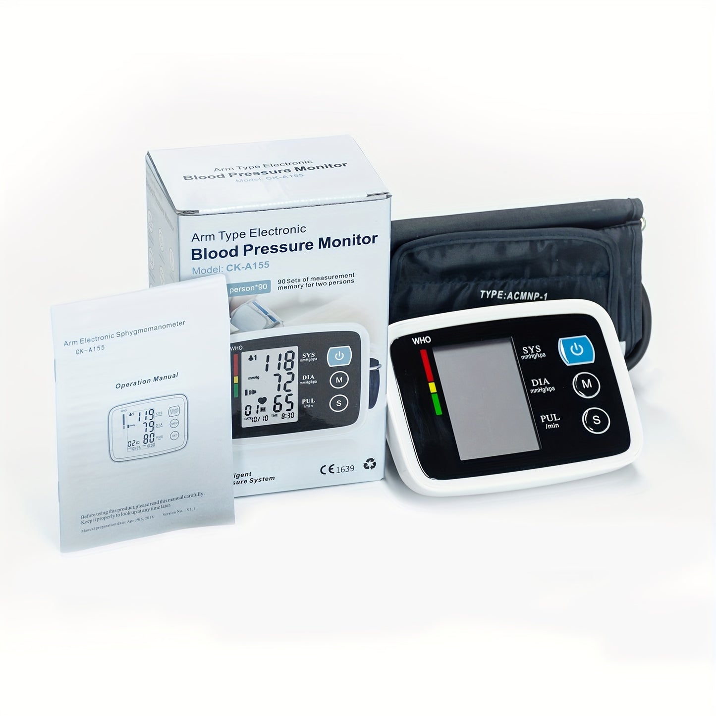 Automatic Upper Arm Blood Pressure Monitor - Large LED Display, Arrhythmia Indicator, Adjustable Cuff (8.7"-15.7"), Memory Function, Battery Operated (4xAAA Not Included) - CK-A155