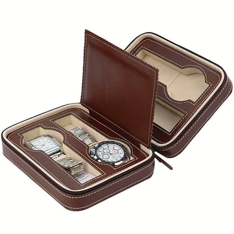 Luxury 4 Slot Black Faux Leather Watch Case with Zipper - Portable Travel Organizer for Watches, Jewelry and Accessories