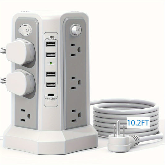 PASSUS Tower Surge Protector Power Strip – 10.2FT Extension Cord, 12 AC Outlets, 5 USB Ports, Surge Protection for Home, Office, Dorm Room