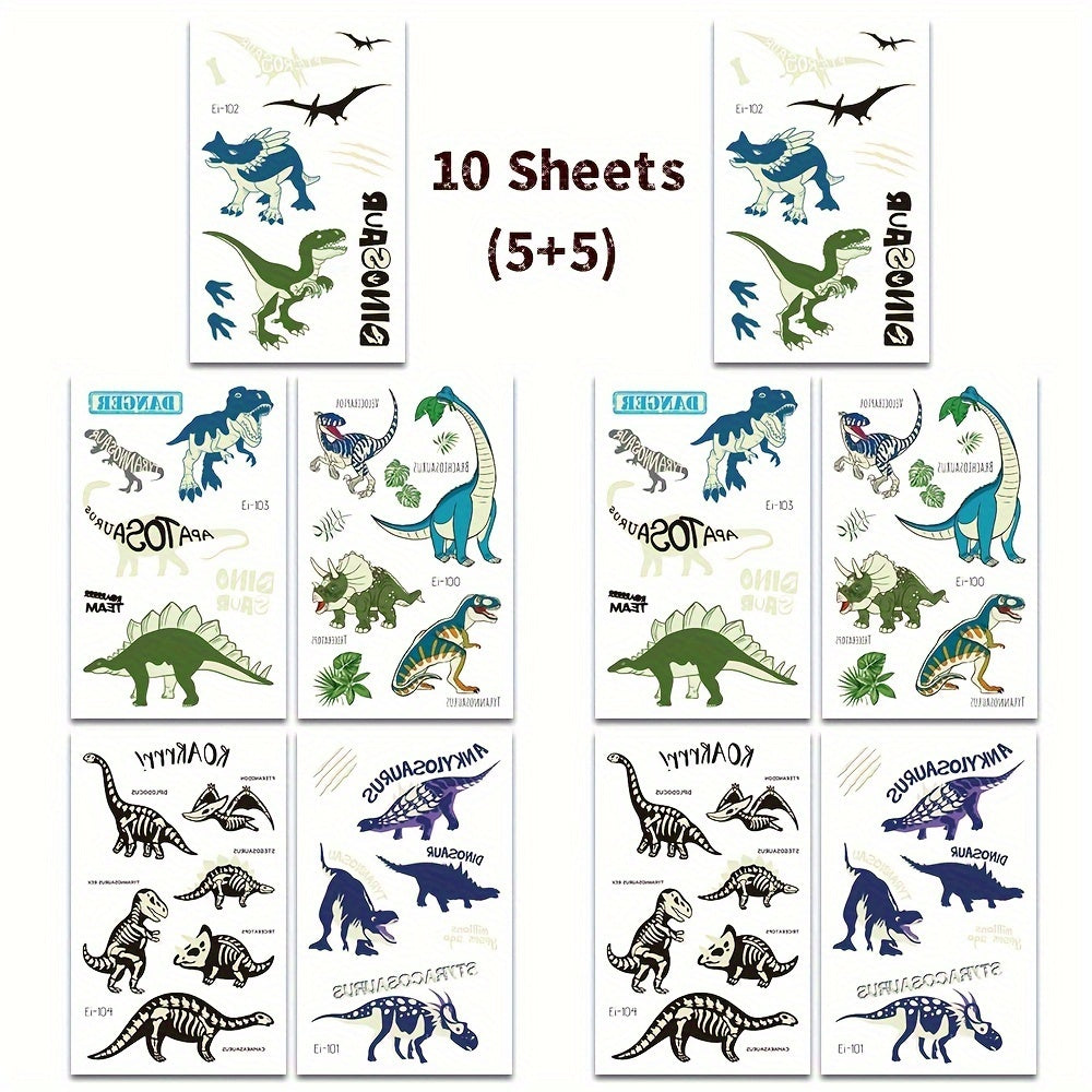 10 Sheets Luminous Dinosaurs Temporary Tattoos - Glow in the Dark T-Rex, Pterosaur, Velociraptor, Triceratops, Stegosaur Designs, Ideal for Dinosaur Birthday Parties and Stocking Stuffers