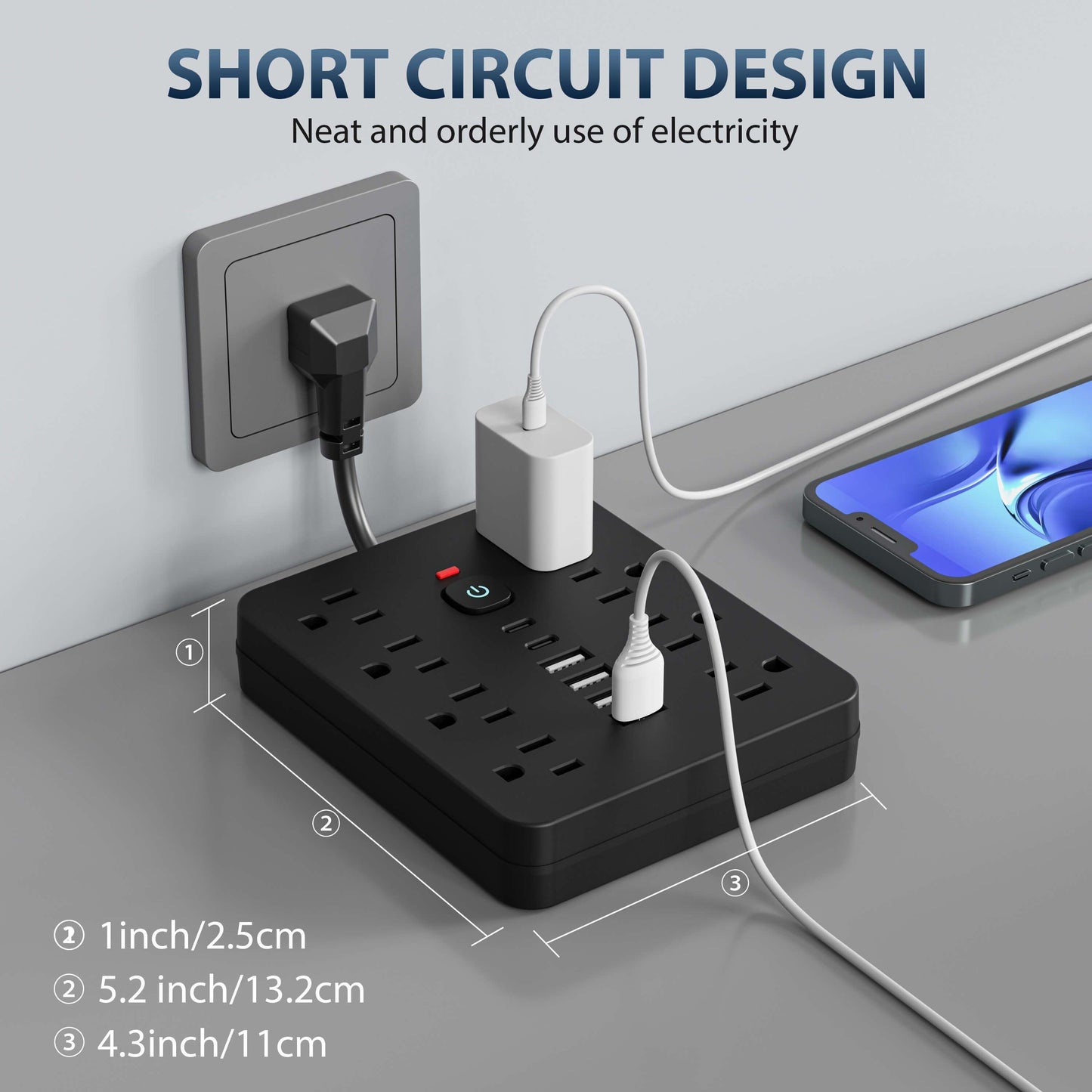 Multi-Functional Power Strip with Switch and Surge Protection – 8 Outlets, 4 USB, 2 Type-C Ports – 14-in-1 Power Outlet for Home, Office, and Travel – Black and White