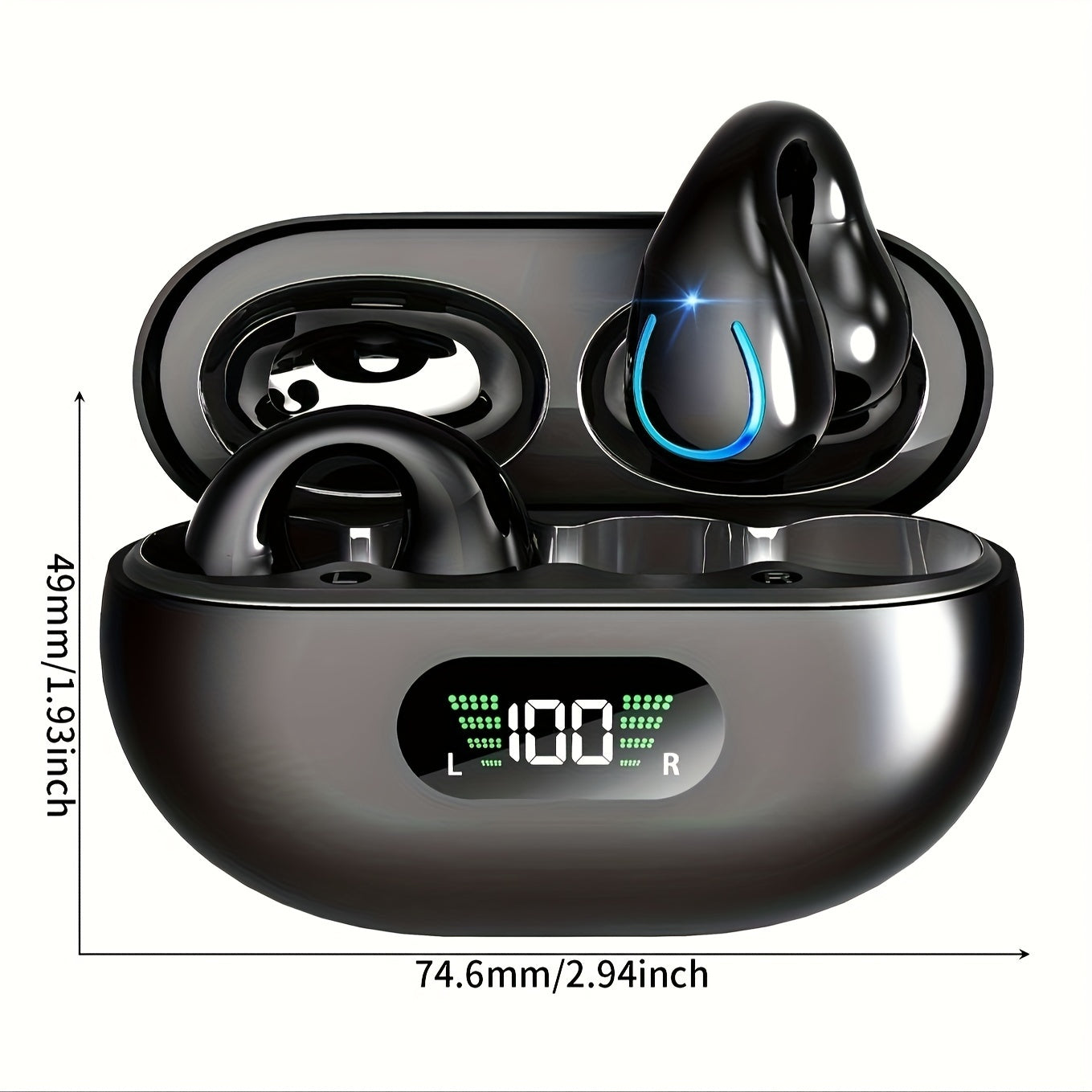 Open Ear Clip Wireless Earplugs BT 5.3 – Sports Earphones with Built-In Microphone, Ear Hooks, Wireless Charging Box, and Display