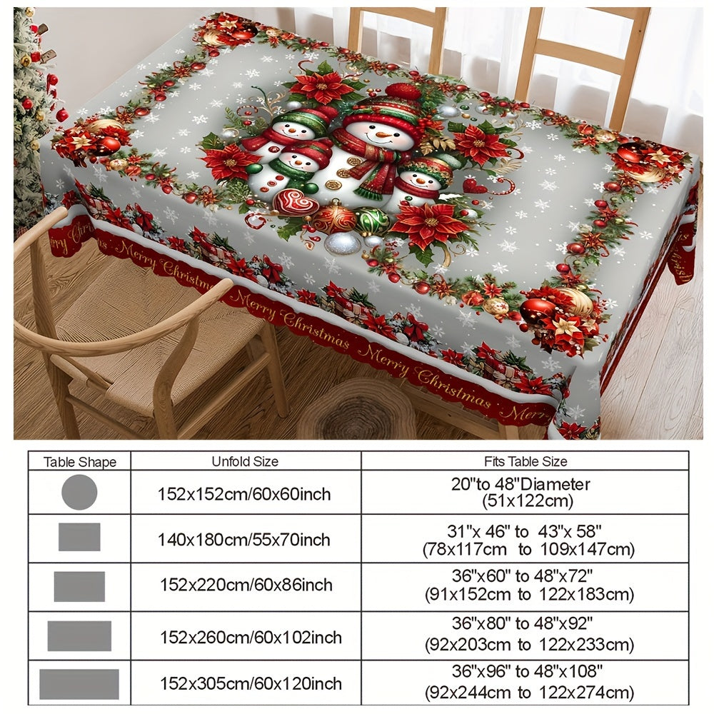 Christmas Cheer Round Tablecloth - Snowman, Reindeer and Snowflake Design, Waterproof & Wrinkle-Free - Perfect for Holiday Parties and Home Decor, Indoor/Outdoor Use