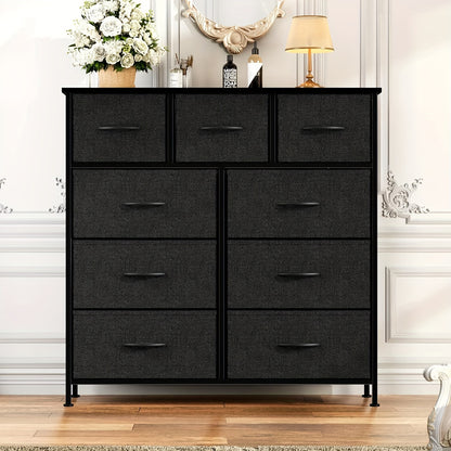 OLIXIS Bedroom Dresser – 9-Drawer Fabric Storage Tower with Steel Frame and Wood Top – Versatile Storage for Closet, Entryway, Bathroom