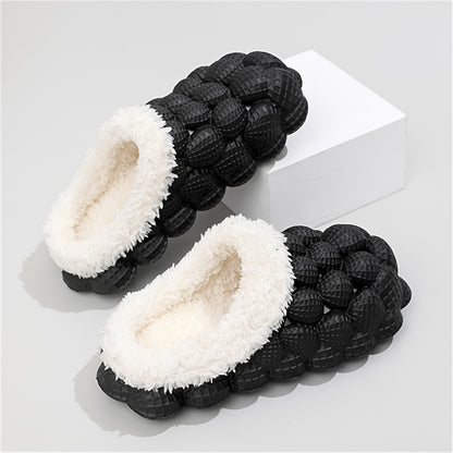 Women's Fleece-Lined Bubble Slides - Warm Slippers with Non-Slip Soft Sole