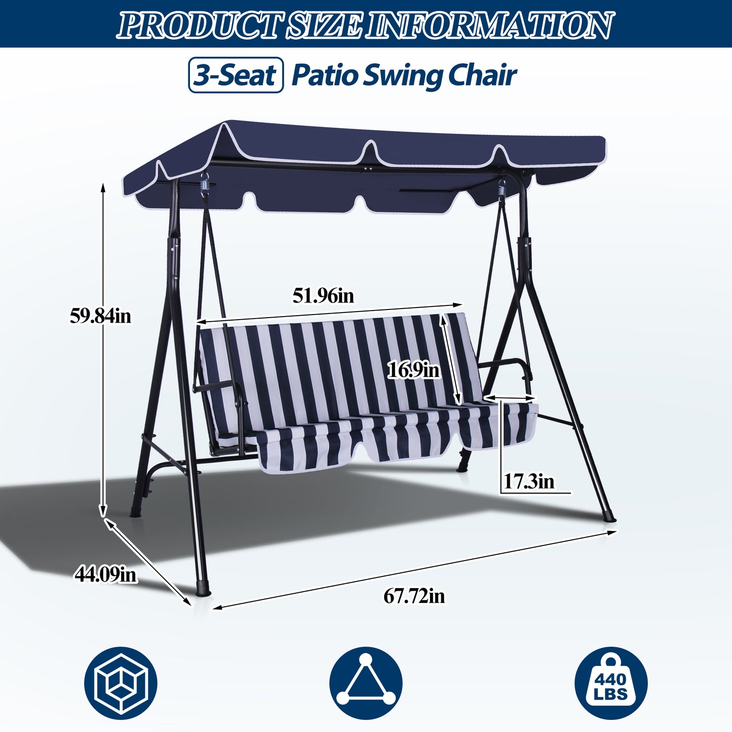 COVERONICS 3-Seat Outdoor Porch Swing – Patio Swing Chair with Adjustable Canopy, Durable Metal Frame, and Removable Cushions – Ideal for Backyard, Terrace, Lawn