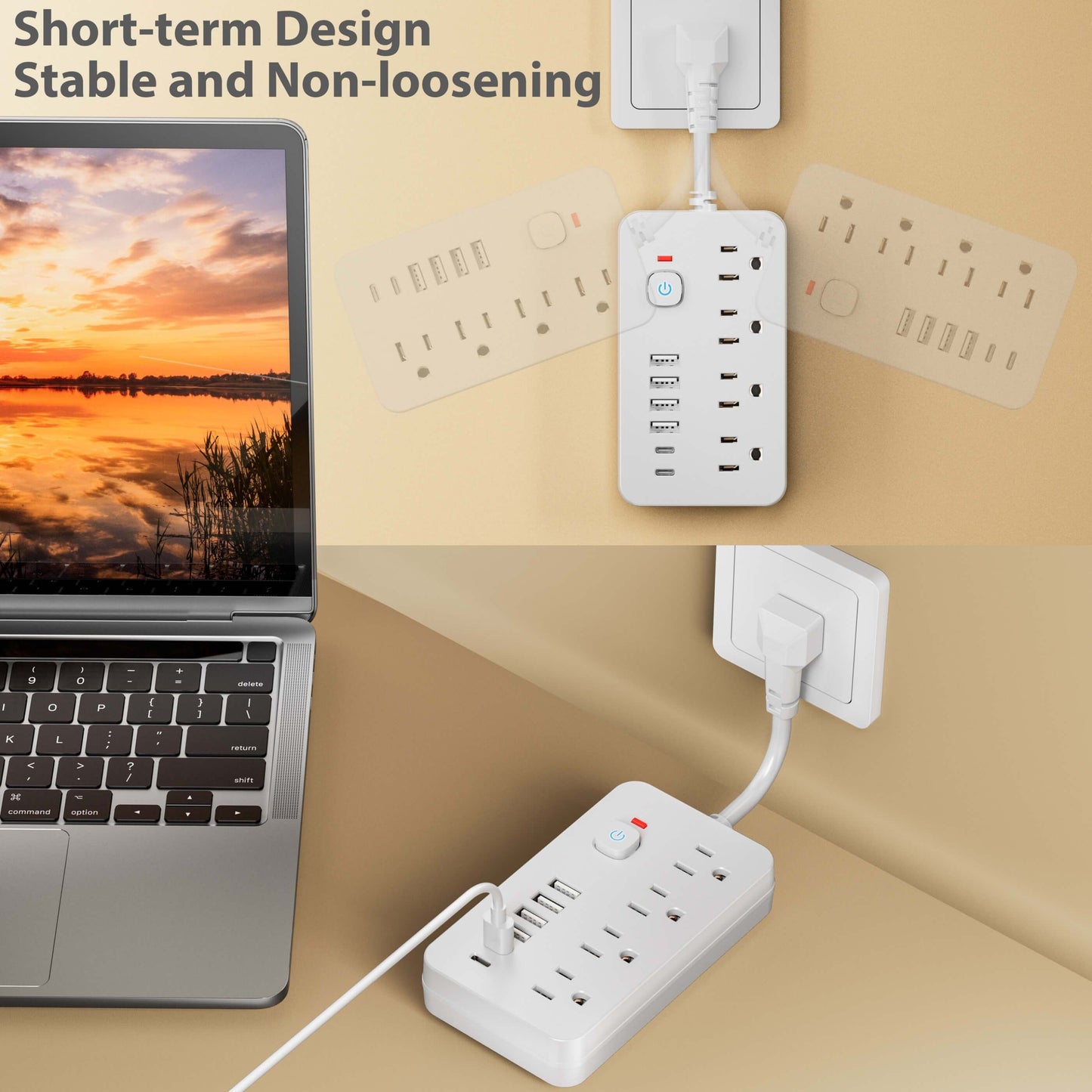 7 in 1 Wall Charger and Surge Protector – 4 Outlet Extender with 6 USB Ports (2 USB-C), Wall Mount Power Strip for Home, Travel and Office  ( White and Black )