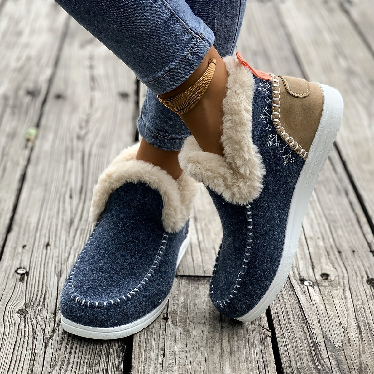 Cozy Furry Slip-On Sneakers – Warm Plush Lined, Soft Fabric Upper, Round Toe, Polyurethane PU Faux Leather Sole – Casual Comfort Shoes for Fall and Winter