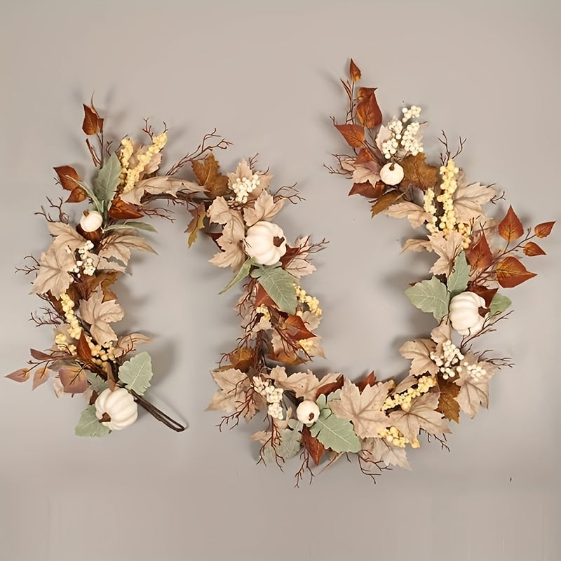 Fall Pumpkin Garland – 71.1 Inch Artificial Maple Leaf & Pumpkin Berry Rattan Wreath, Perfect for Wedding, Thanksgiving Table, and Farmhouse Decor