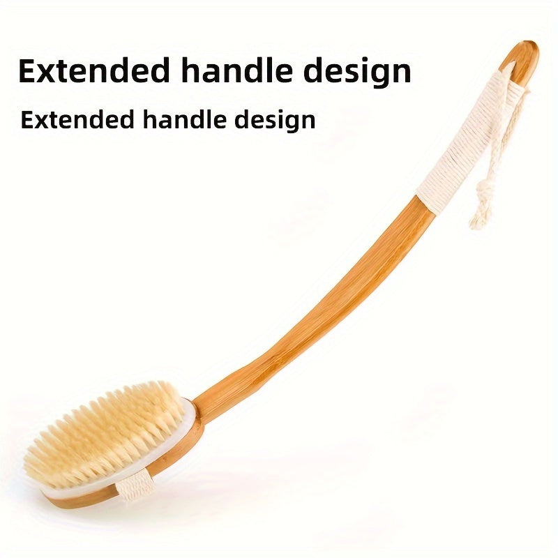 Back Boar Bristle Scrubber for Shower - Long Wooden Handle Bath Sponge Brush, Soft Natural Bristles for Back Cleaning