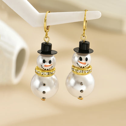 18K Gold Plated Snowman Drop Earrings - Festive Christmas Dangle Earrings with Imitation Pearls and Gemstones for Women