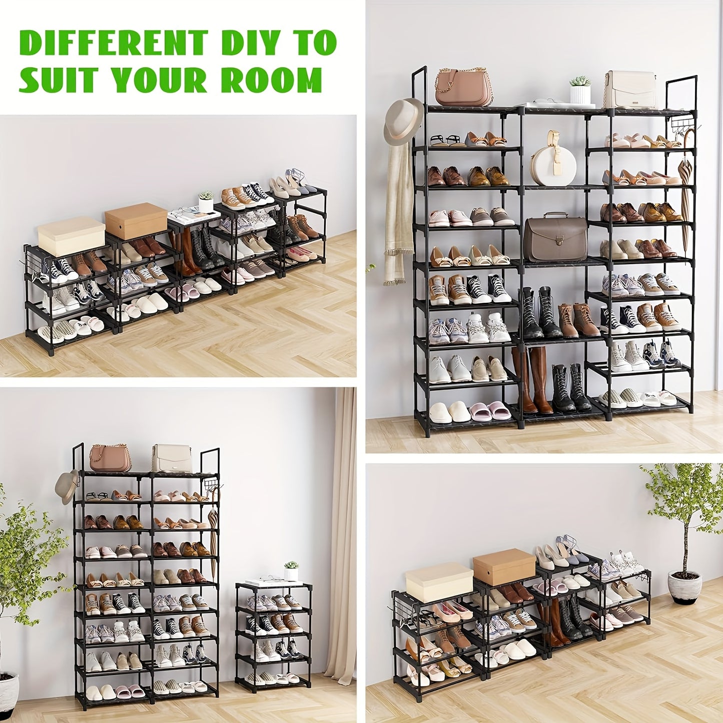 9-Tier Shoe Rack Organizer – Black Metal Shelf, Stackable Design, Holds 50-55 Pairs, Entryway and Bedroom Closet Storage, Dimensions: 129.5x26.9x155.4 cm