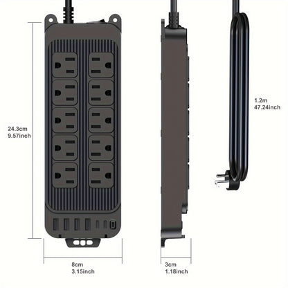 Flat Plug Power Strip with 4 Ft Extension Cord: 10 Outlets & 6 USB Ports (2 USB-C) Desk Charging Station, Compact Surge Protector for Home, Office, and Travel