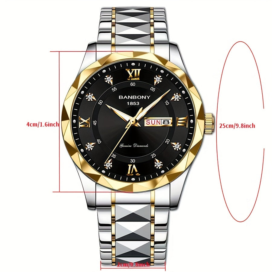 Stainless Steel Strap Men's Watch – Roman Numerals Dial with Rhinestones, Luminous Multifunctional, Ideal for Birthday and Holiday Gifts