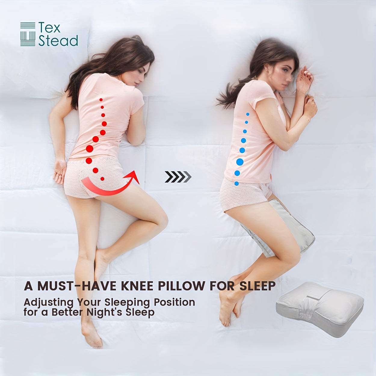 TEXSTEAD Knee Pillow for Side Sleepers – Ergonomic Leg Positioner for Spine Alignment & Pregnancy Support – Machine Washable Cover – Portable Design with Woven Polyester – Filled with 100% Polyester Fiber