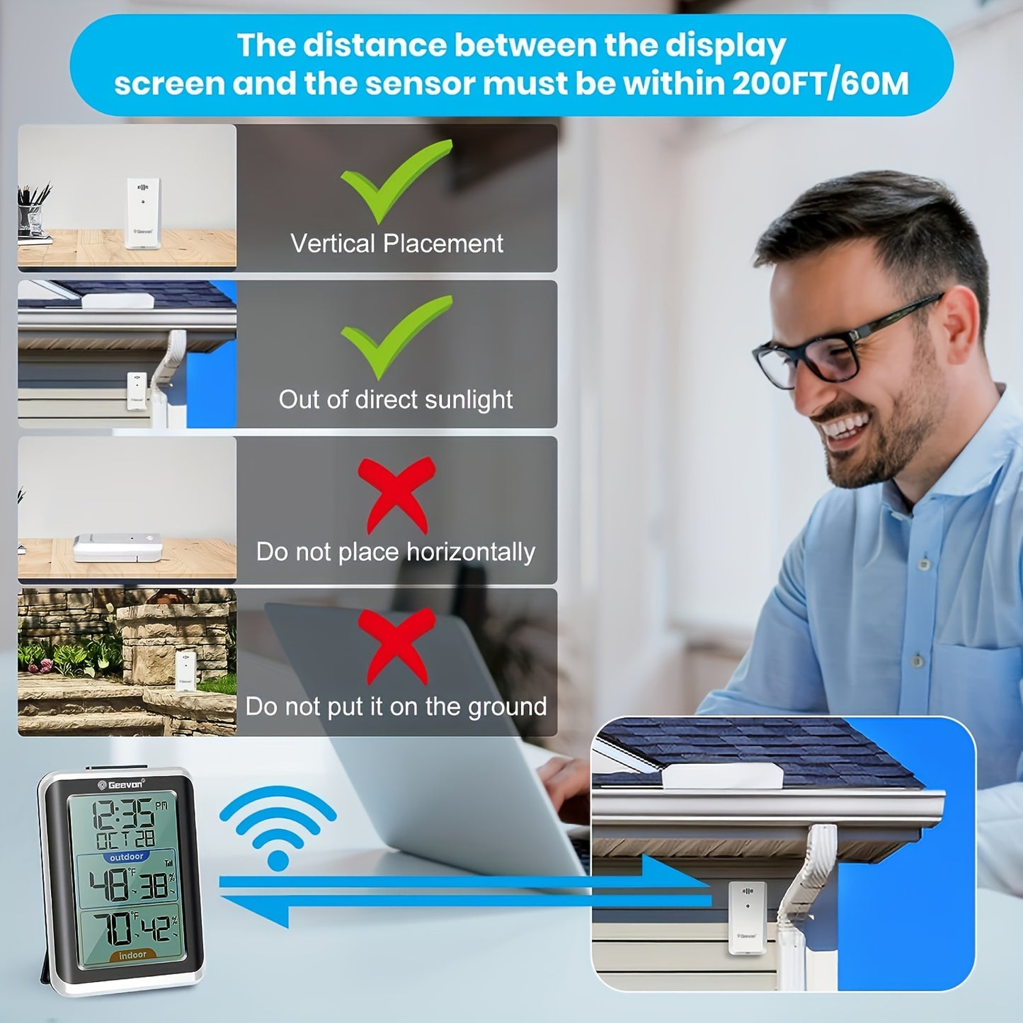 Accurate Indoor/Outdoor Wireless Thermometer - Digital Hygrometer with Time Display, 200ft Range, Temperature and Humidity Sensor, Real-Time Monitoring, Battery Powered, Easy Installation