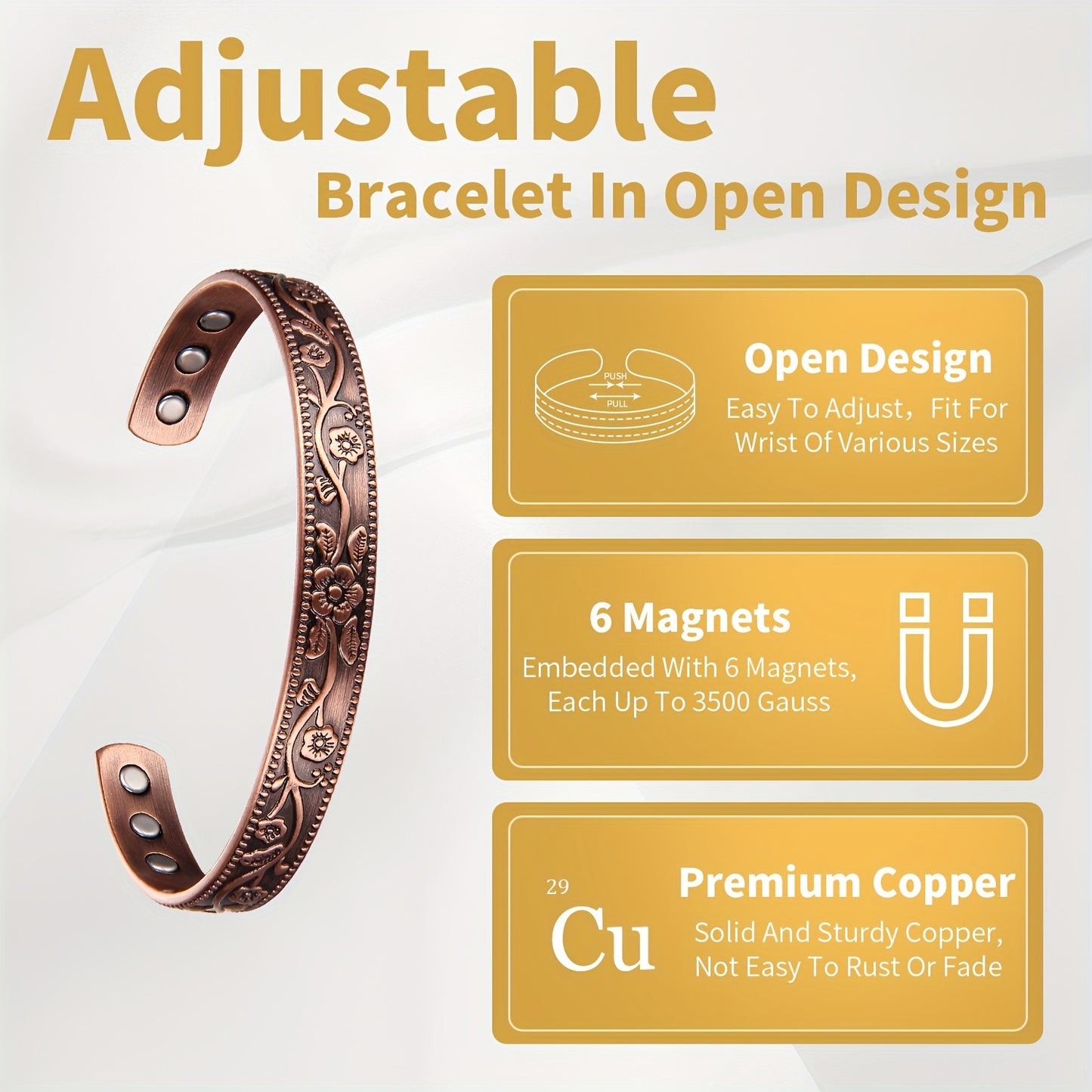 2 Piece Copper Magnetic Bracelets for Men and Women - Adjustable Copper Cuff Bangles with 6 Ultra Strength Magnets