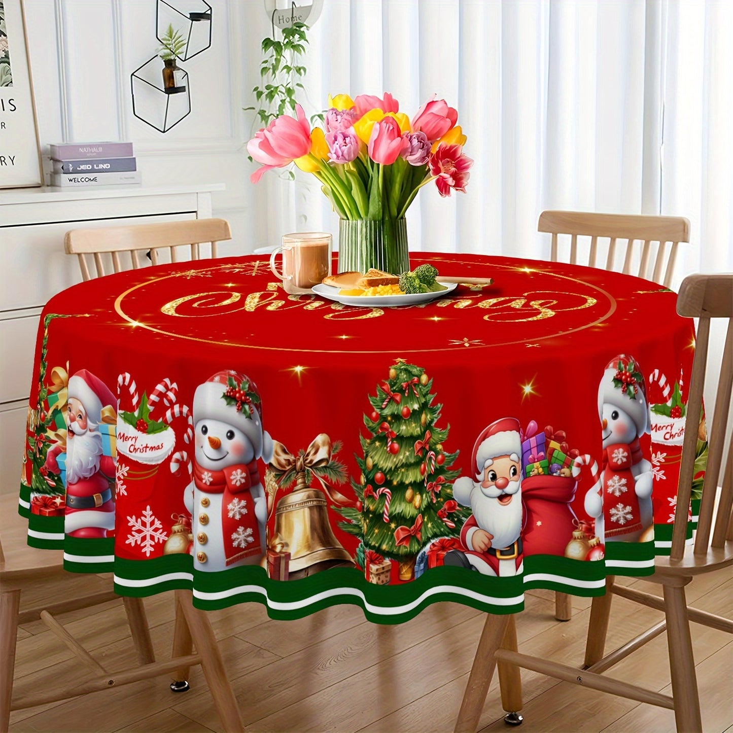 Merry Christmas Tablecloth - Waterproof and Stain-Resistant Polyester with Red and Golden Stars, Santa, Tree, Gingerbread and Snowman Designs, Ideal for Holiday Dining and Decor