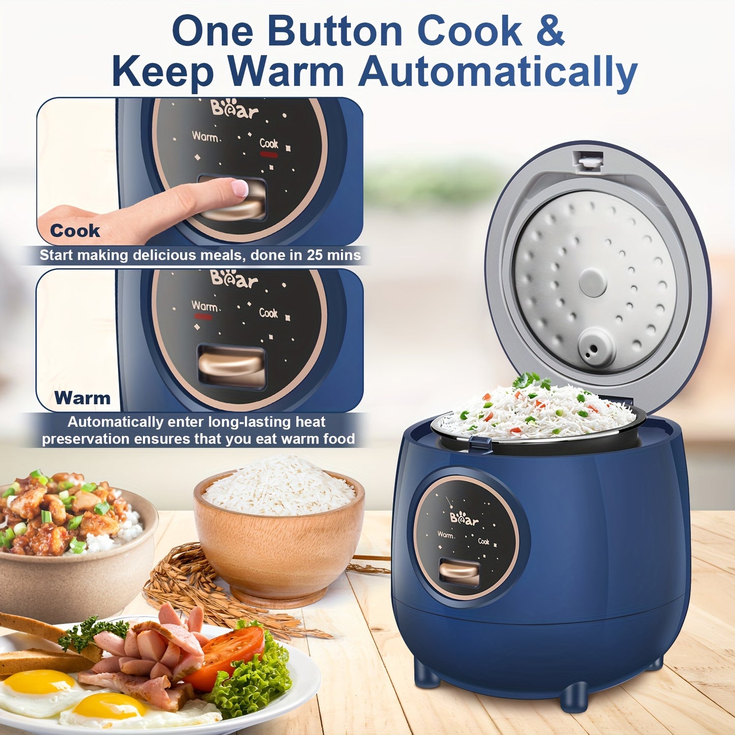 Bear 2-Cup Mini Rice Cooker - Portable Non-Stick for White/Brown Rice, Quinoa, Oatmeal, Soup - 40.58oz, BPA Free, One-Button Cook and Keep Warm (Navy Blue)