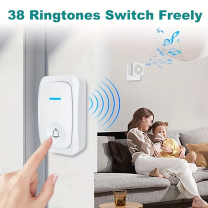 Wireless Doorbell with 38 Smart Tones – Outdoor Electronic Doorbell, USB Rechargeable, Remote Control, Elderly Alarm, and Wireless Calling