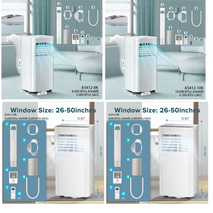 Portable Air Conditioner – 8000/10000/12000/13000/14000 BTU ASHRAE with Cooling, Fan, Dehumidifier, Sleep Mode – Cools Up to 450 Sq. Ft., Includes 24H Timer, Digital Display, Remote Control, and Window Kit