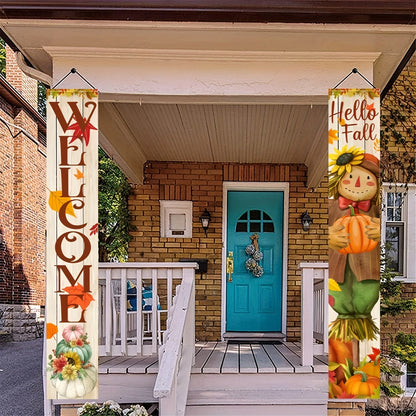 2pcs Scarecrow Welcome Banner Set – Autumn Harvest and Thanksgiving Decor, Durable Polyester, 12x70.8 Inches for Front Door and Outdoor Use