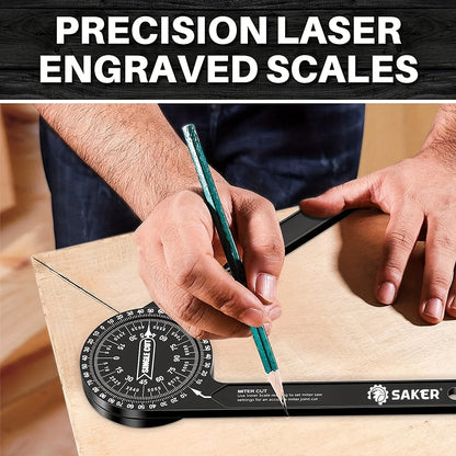 7 Inch Saker Protractor Master - High-Precision Laser Angle Finder, Aluminum, Black Finish - Ideal for Carpenters, Plumbers and Building Trades