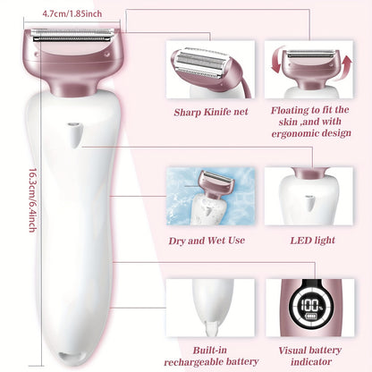 Electric Shaver for Women: Rechargeable Pink Razor for Legs, Bikini, Underarms, and Public Hair, Wet and Dry Use, Painless Cordless with Detachable Head