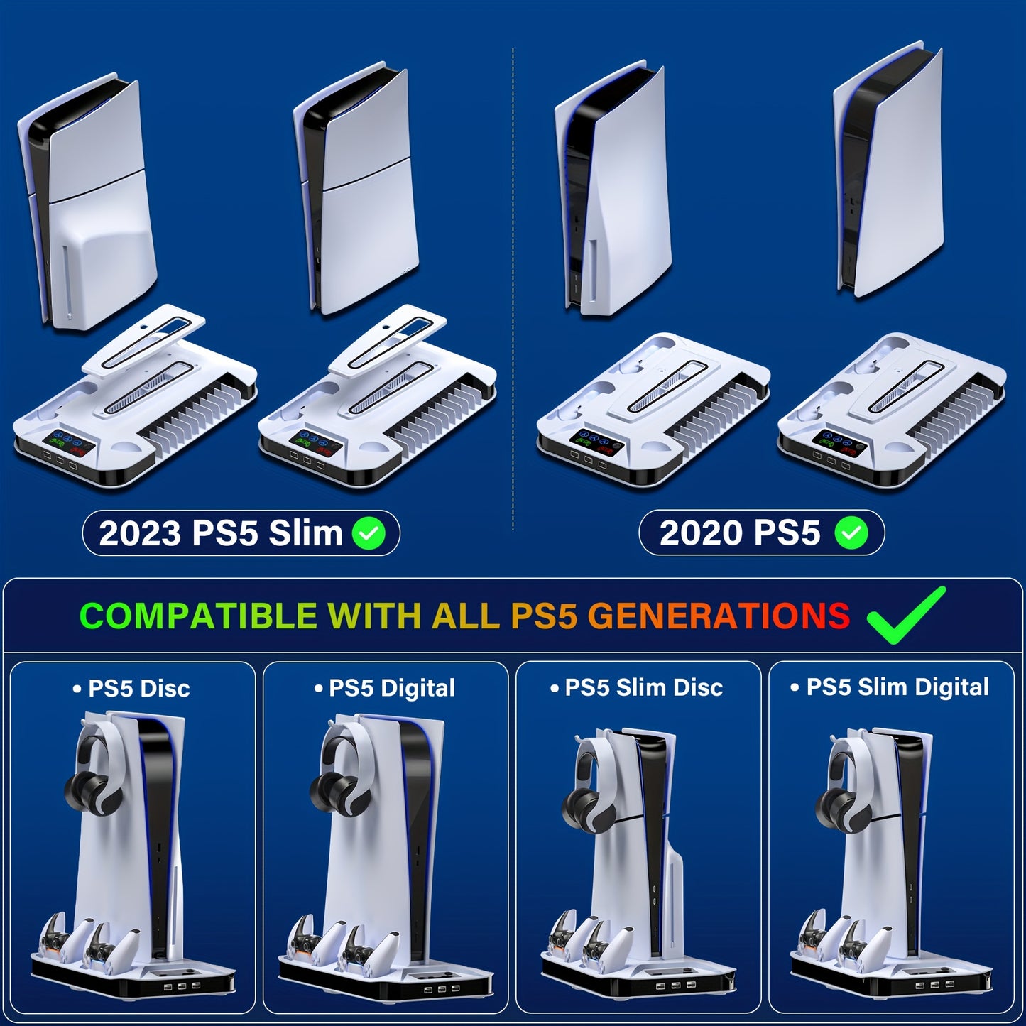 PS5/PS5 Slim/PS5 Pro Cooling Station with Controller Charging Stand - Includes Cooling Fan, 3 USB Hubs, Headset Holder and Screw for Disc/Digital Console - PlayStation 5 Accessories, Christmas Gift